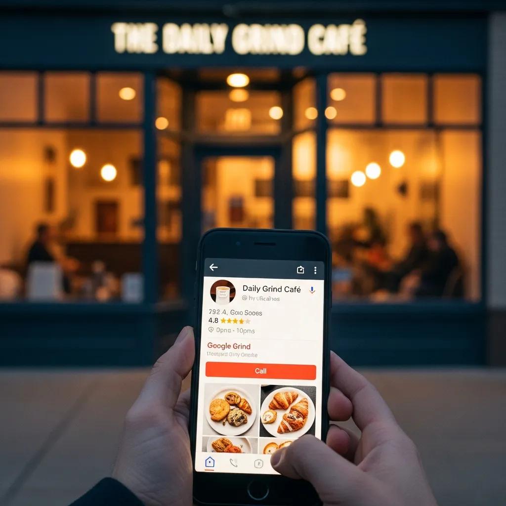 Google My Business profile displayed on a smartphone in front of a local storefront