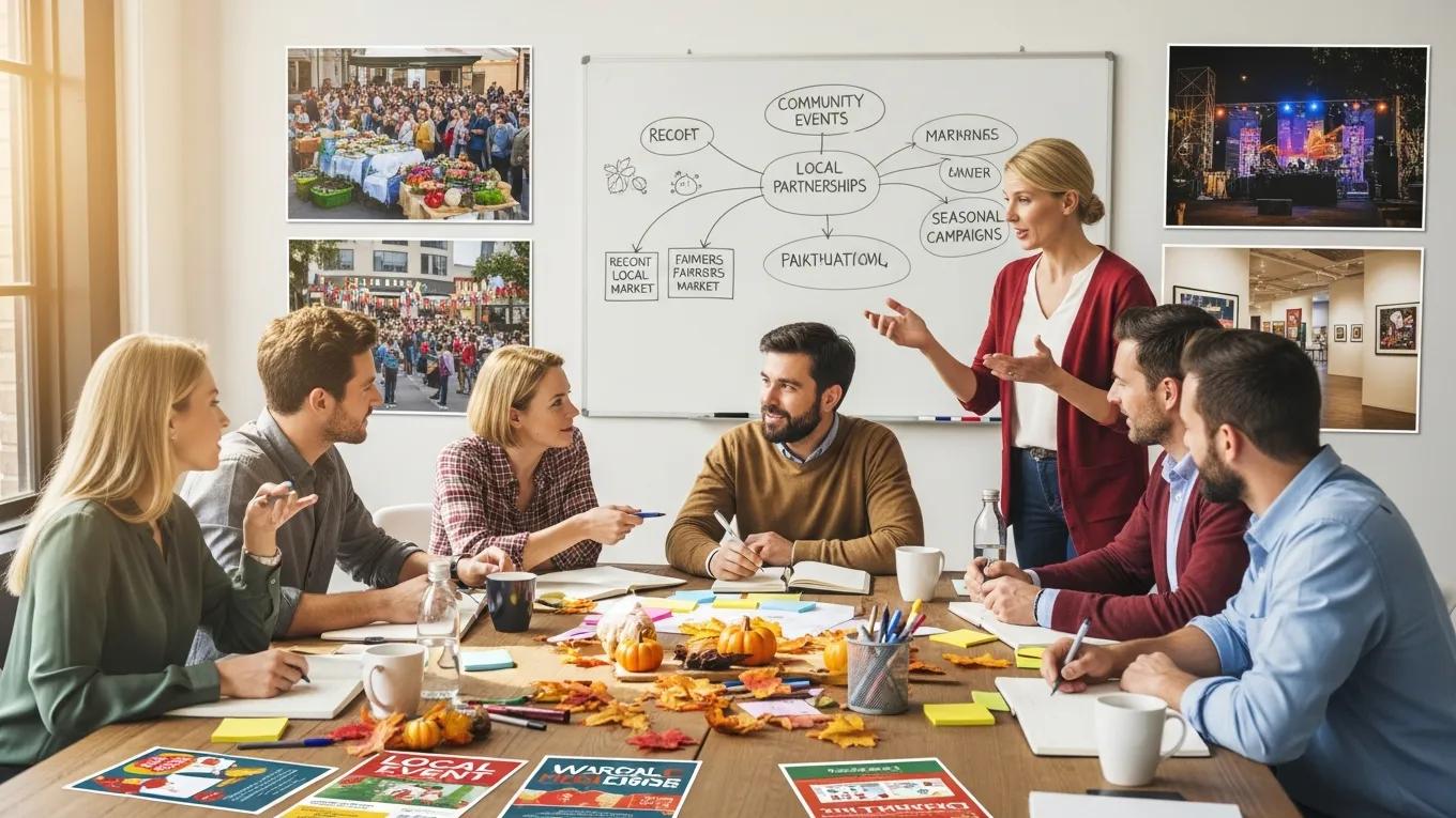 Group brainstorming session for seasonal marketing ideas, featuring diverse participants around a table with notes, sticky notes, and seasonal decorations, while a woman presents strategies related to local partnerships and community events.