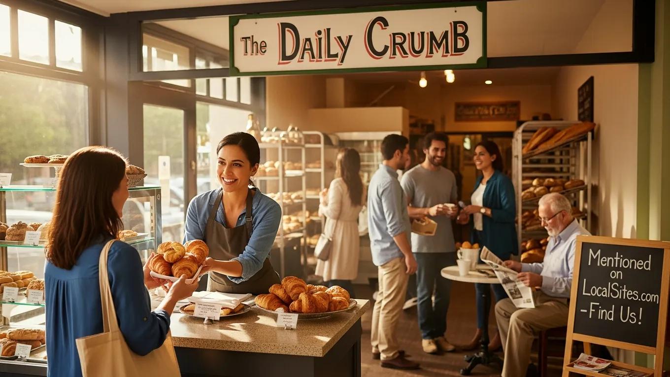 Local bakery scene with a smiling woman serving pastries to a customer, emphasizing customer engagement and community connection, with a sign promoting local citation visibility.