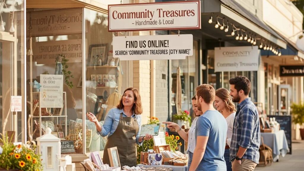 Local business owner engaging with customers outside "Community Treasures" store, promoting handmade and local products, emphasizing online visibility and local SEO strategies.