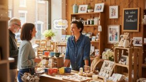 Local business owner interacting with customers, emphasizing the importance of Google reviews in enhancing business reputation