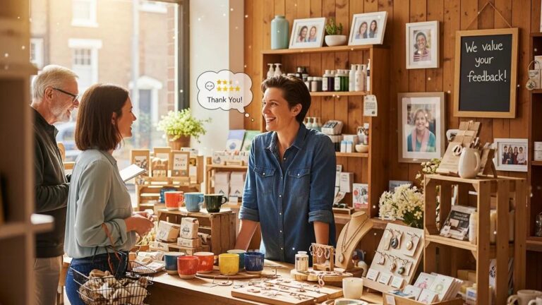 Local business owner interacting with customers, emphasizing the importance of Google reviews in enhancing business reputation