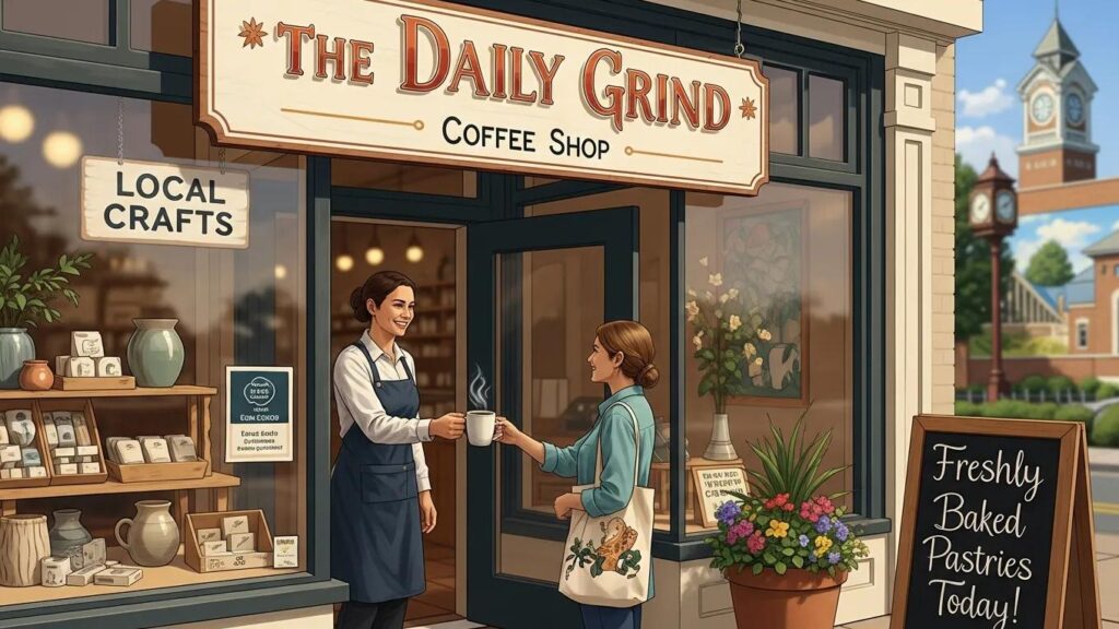 Local coffee shop storefront with staff serving a customer, emphasizing community engagement and local business interaction, featuring "The Daily Grind" sign and nearby local crafts display.