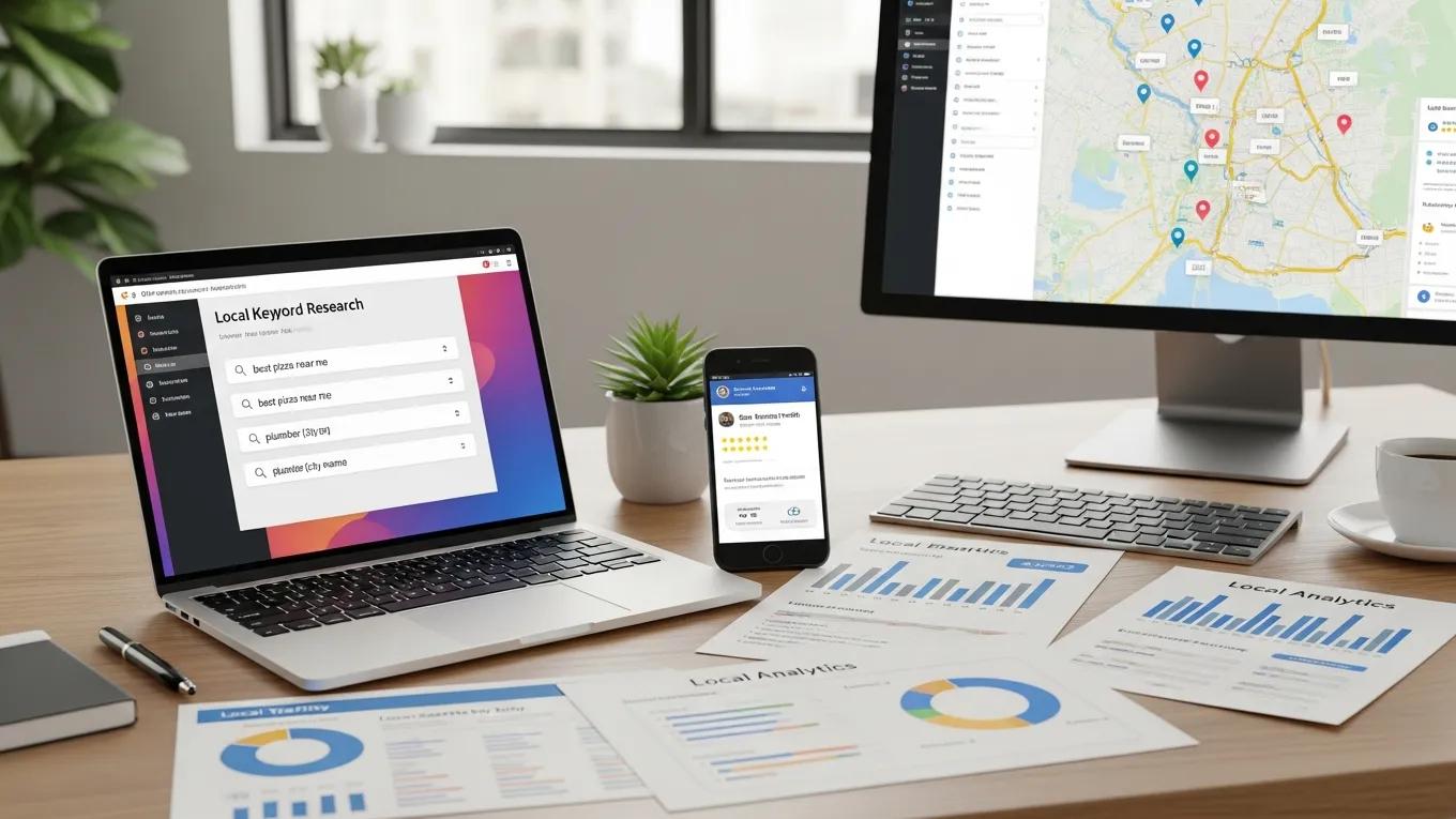Laptop and smartphone displaying local keyword research tools, with analytics charts and maps on a desk, emphasizing local SEO strategies.