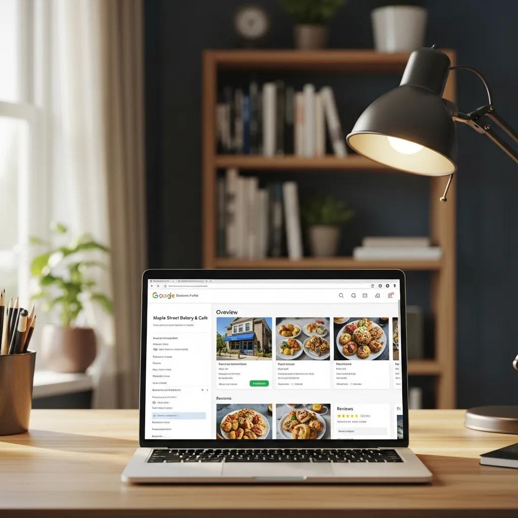 Optimized Google Business Profile displayed on a laptop, highlighting local SEO strategies