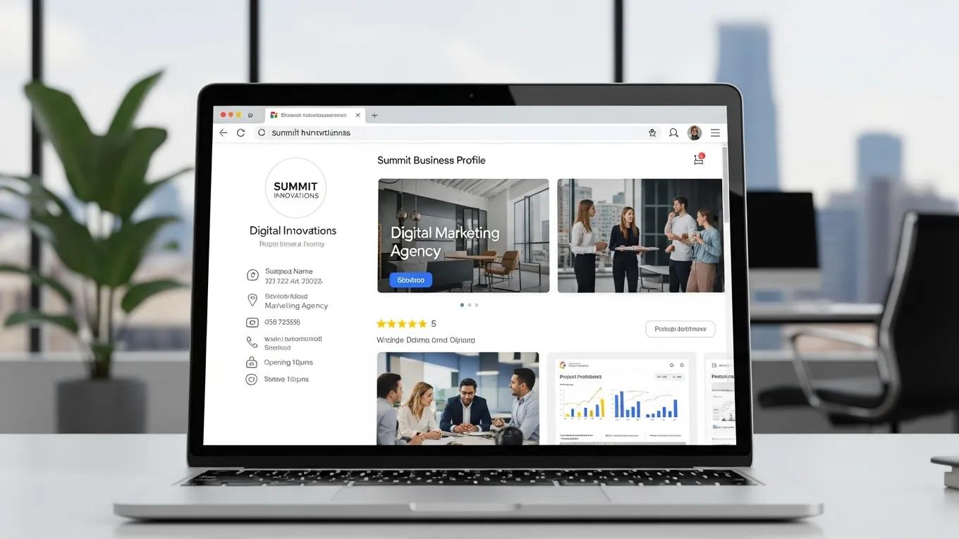 Laptop displaying a Google Business Profile for a digital marketing agency, showcasing business information, high-quality images, and a five-star rating, emphasizing local SEO optimization.
