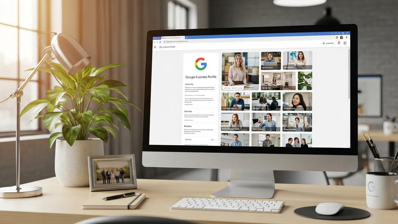 Computer screen displaying Google Business Profile interface with images of team members and business information, set on a desk with a plant and lamp, illustrating the importance of optimizing Google Business Profiles for local business visibility.