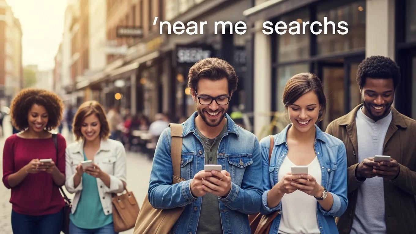 Group of diverse individuals engaging with mobile devices in a bustling city, illustrating the significance of local SEO and 'near me' searches for business visibility.