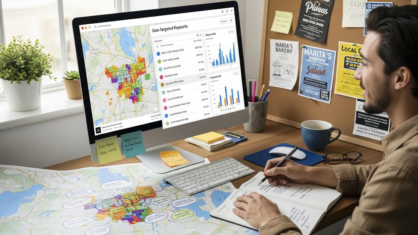 Person analyzing geo-targeted keyword research data on a computer screen with maps and keyword lists, surrounded by local SEO materials and notes.