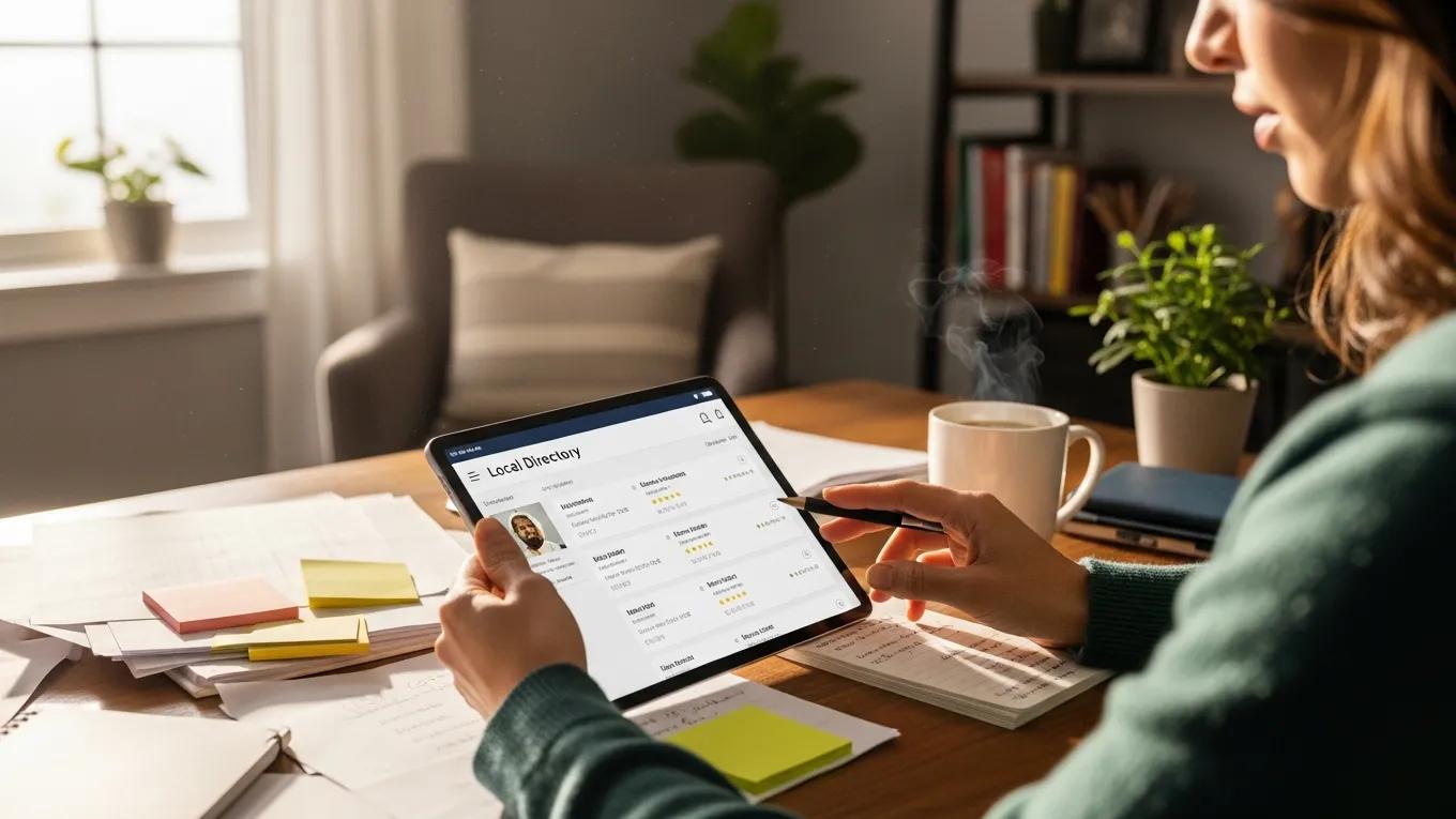 Person researching local directory listings on a tablet in a cozy workspace, surrounded by notes and a coffee cup, emphasizing local SEO and citation building strategies.