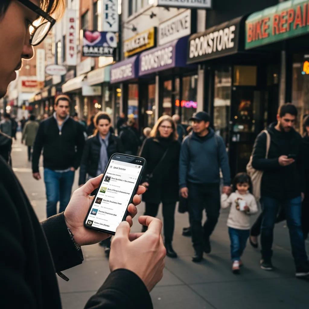 Person using a mobile device to search for local services in an urban environment