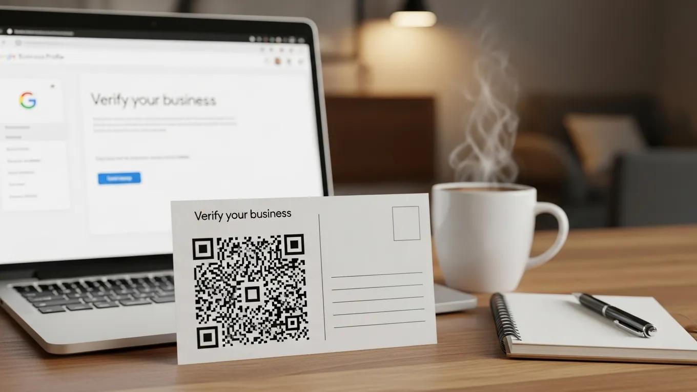 Postcard with "Verify your business" text and QR code, placed on a wooden table next to a laptop displaying Google Business Profile verification page, coffee cup, and notepad, illustrating the process of claiming and verifying a Google Business Profile.