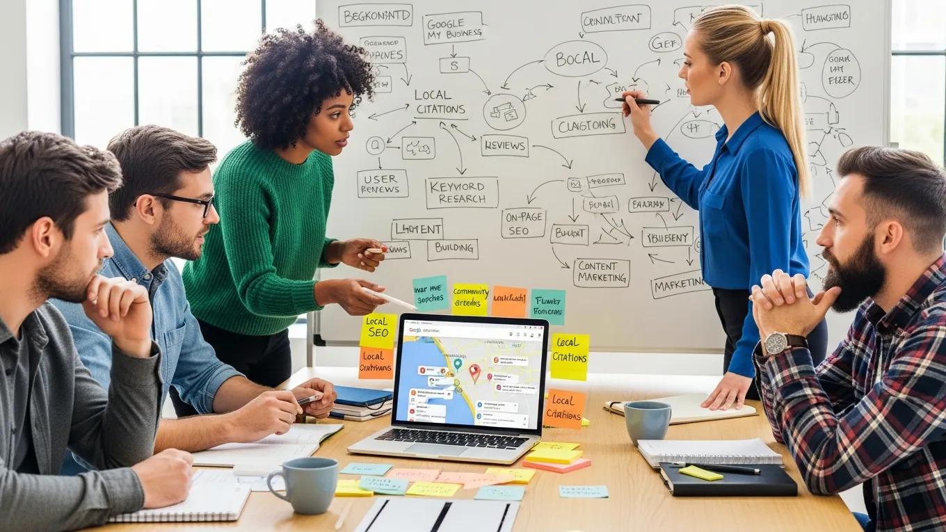 Professionals collaborating on local SEO strategies, discussing keyword research, with a laptop displaying Google Maps and brainstorming materials in a meeting setting.