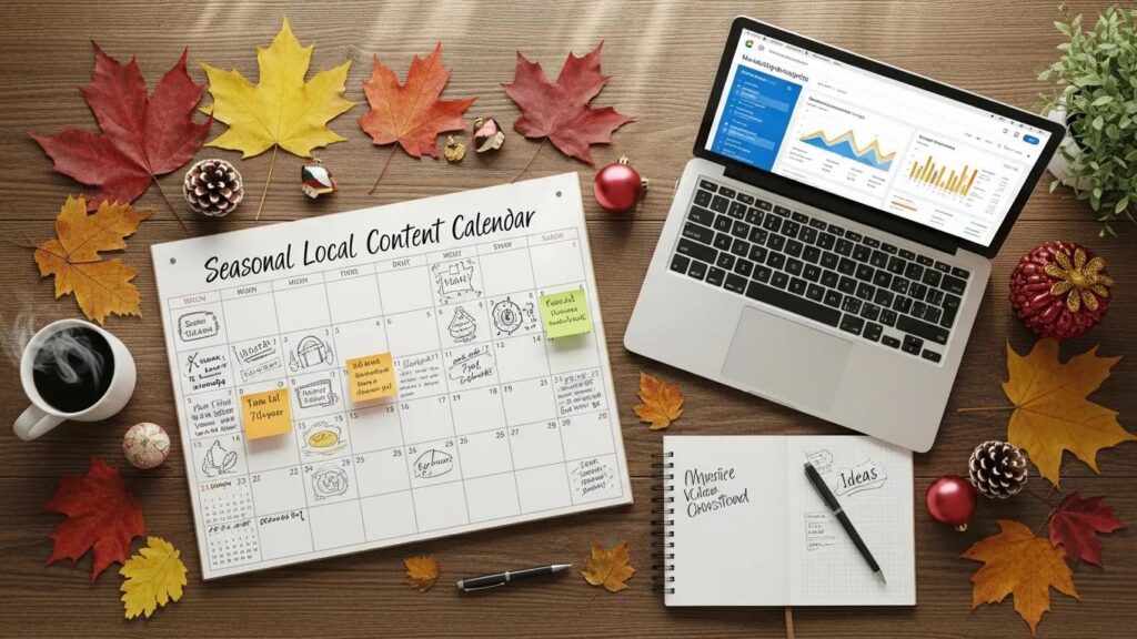Seasonal local content calendar on a desk with autumn leaves, a laptop displaying analytics, a coffee cup, and a notepad for marketing ideas, symbolizing effective local marketing planning.