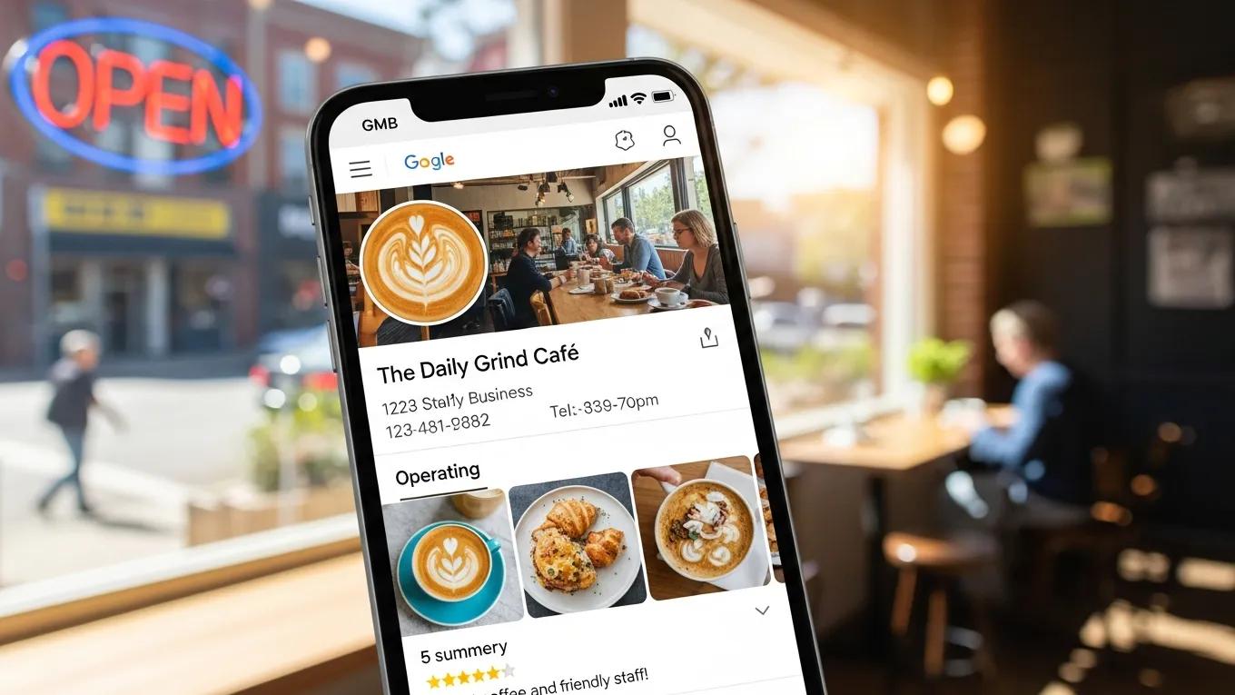 Smartphone displaying an optimized Google My Business profile for The Daily Grind Café, featuring contact information, operating hours, and images of food, with an "OPEN" sign visible in the background.