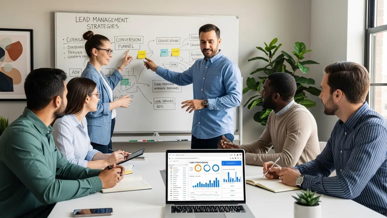 Team discussing lead management strategies and conversion funnels for Google Local Services Ads in a collaborative meeting, with a laptop displaying lead tracking analytics.