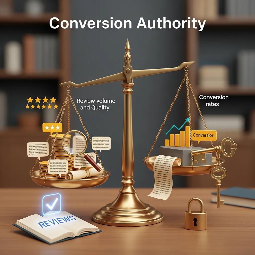 Visual metaphor of conversion authority balancing review volume and quality against conversion rates