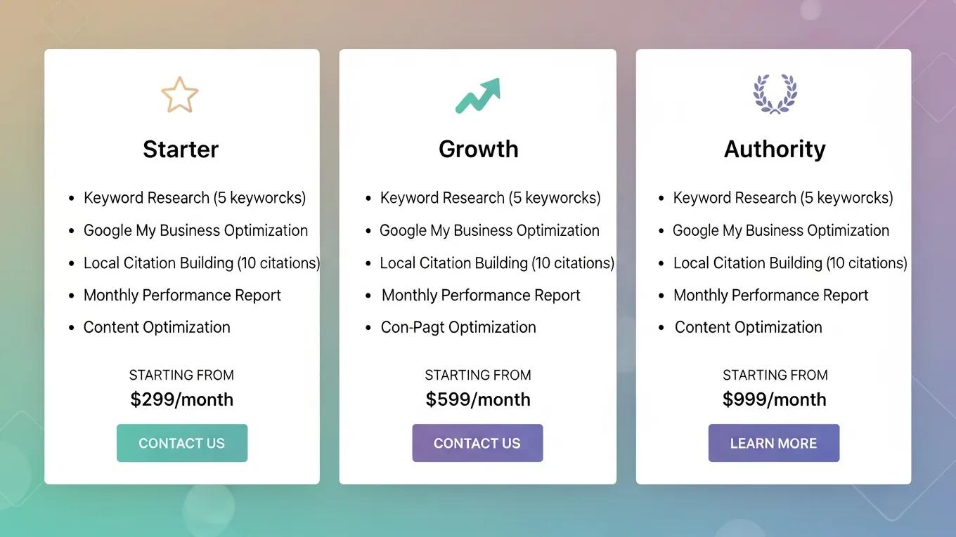 Visual representation of different local SEO pricing tiers for small businesses