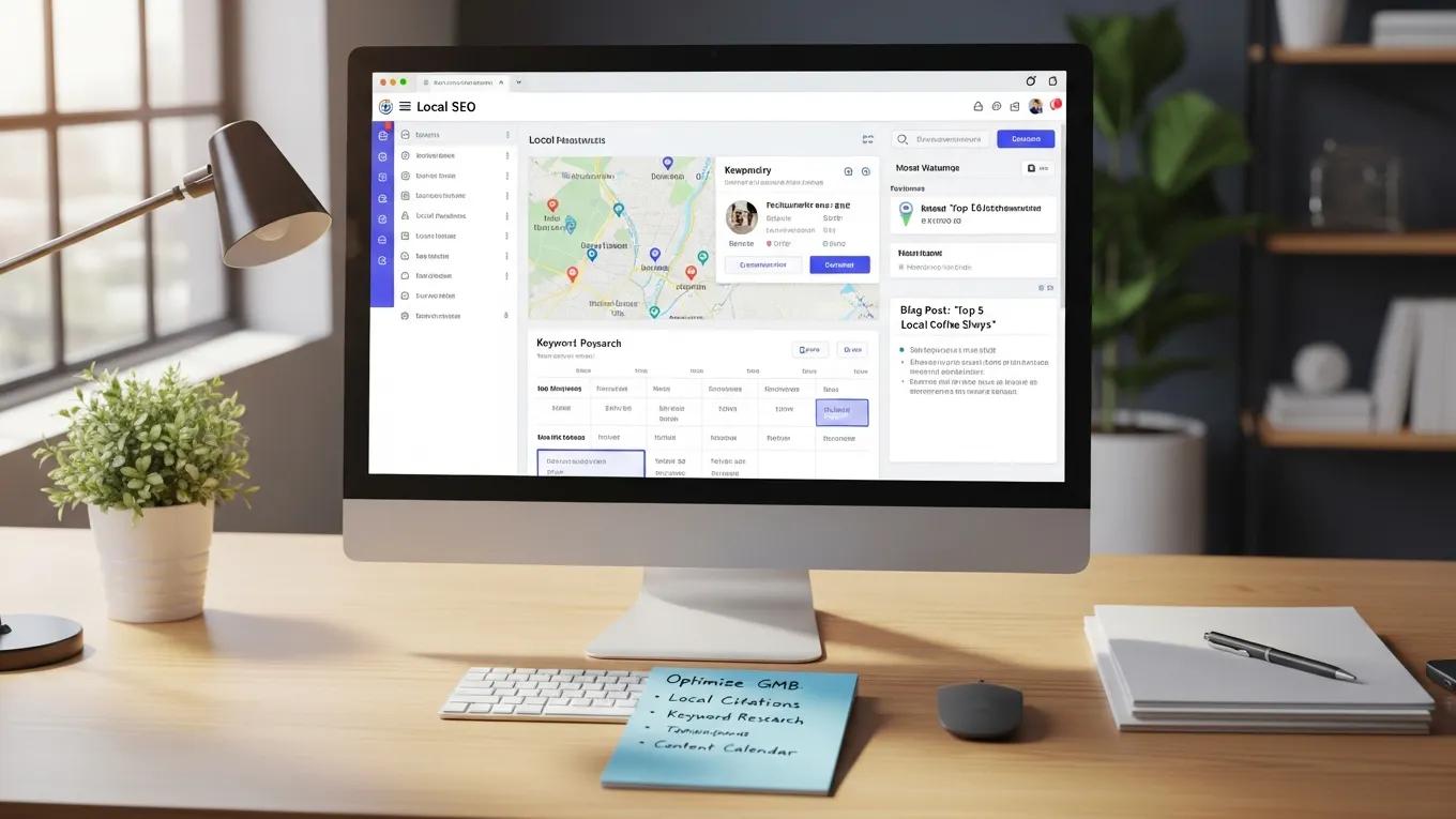 Workspace with computer displaying local SEO tools, keyword research, and content calendar planning, alongside a notepad listing optimization strategies for Google Business Profile and local citations.